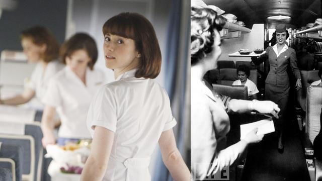Pan Am stewardess serving fiction food, left, and real food, right.